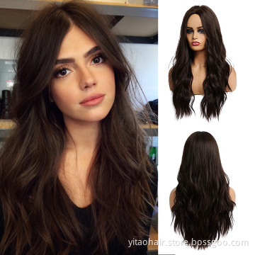 Wholesale Dark Brown Wavy Wig Middle Part Long Wavy Wigs High Quality Natural Hair Wave Synthetic Wig Cosplay Hair